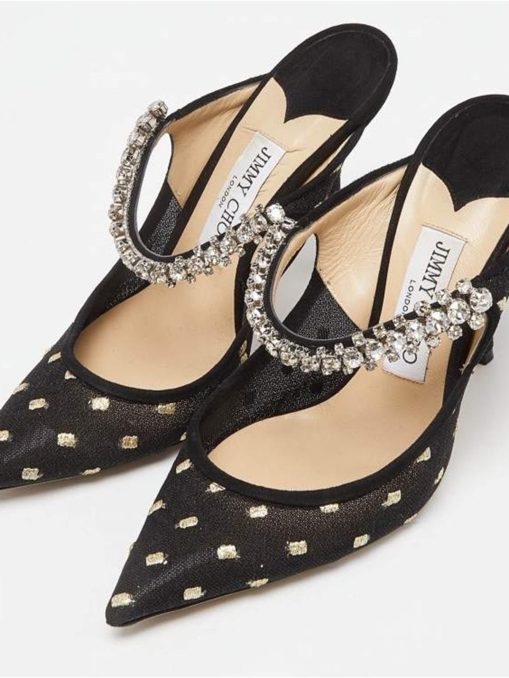 Jimmy Choo Black Satin Pointed Slingback Pumps with Gold Dot Detail
